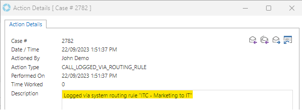 Action Details Call Logged Via Routing Rule