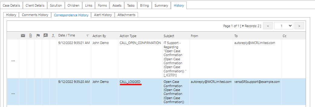 Case History Correspondence History Call Logged