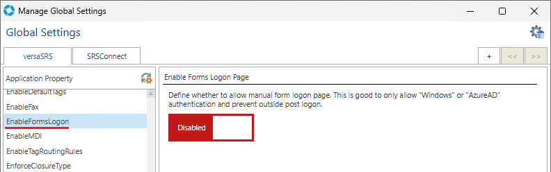 Global Settings EnableFormsLogon Disabled
