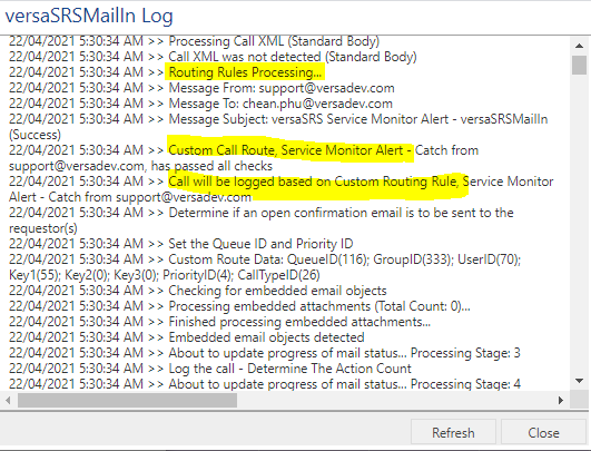 versaSRSMailin Log Routing Rule Match