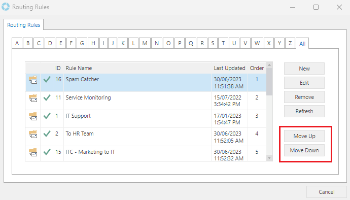 Routing Rules Reorder Move Up/Down Buttons