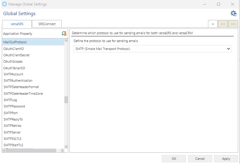 Global Settings SMTP Application Properties