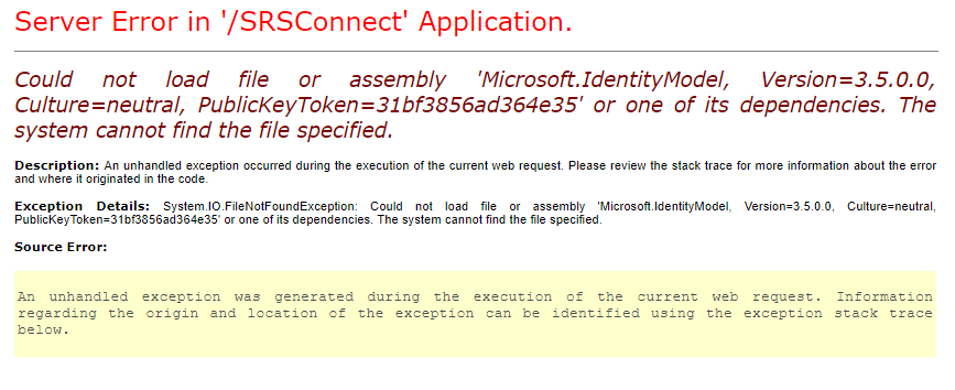 SRSConnect Server Error Microsoft.IdentityModel