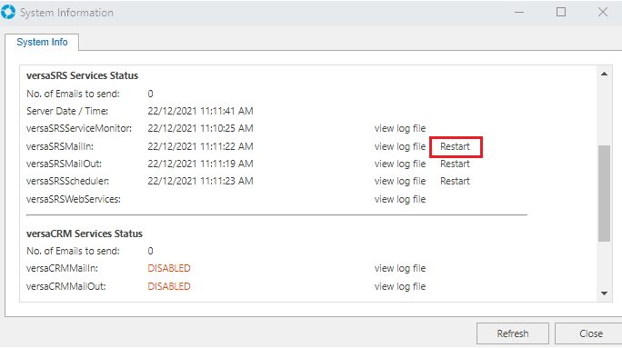 System Information restart versaSRSMailIn