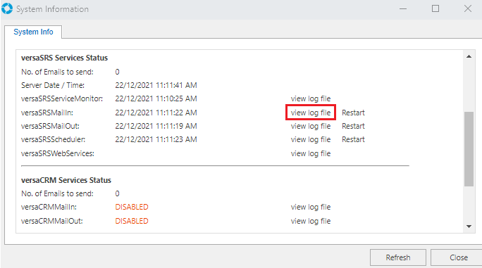 System Information view Log file