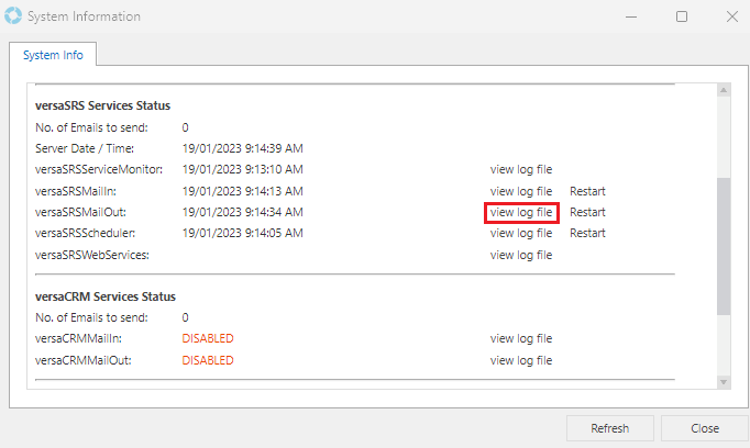 System Info View MailOut Log File