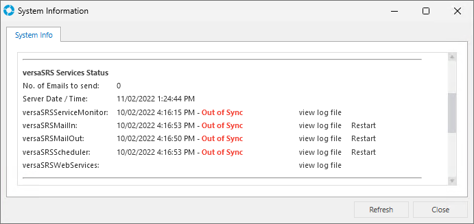 System Info window All Services Out Of Sync