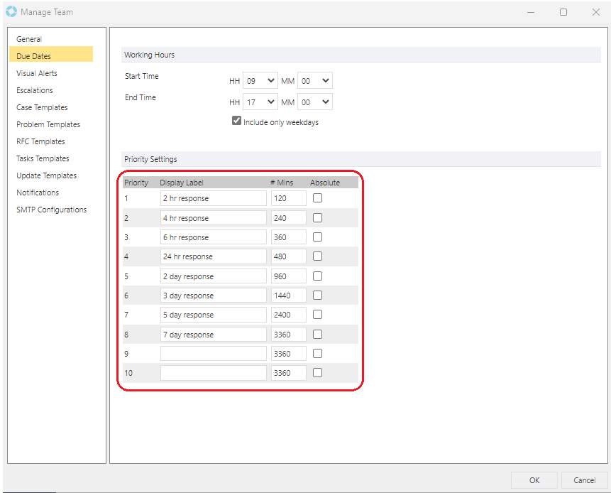 Manage Team Due Dates tab Priority Settings