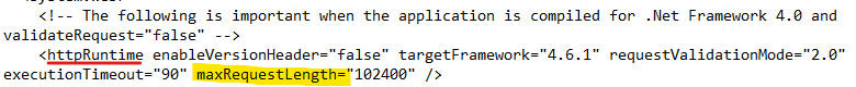 versaSRS Web.Config File excerpt maxRequestLength