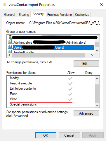 versaContaxImport Allow Write permission