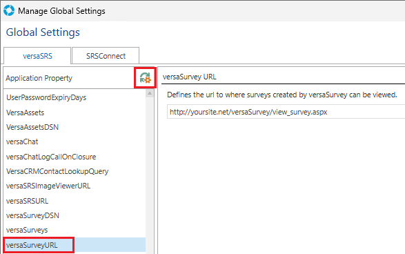Global Settings Application Property versaSurveyURL