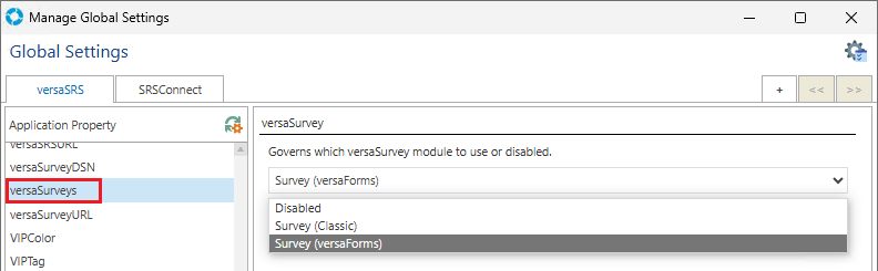 Global Settings versaSurveys Options