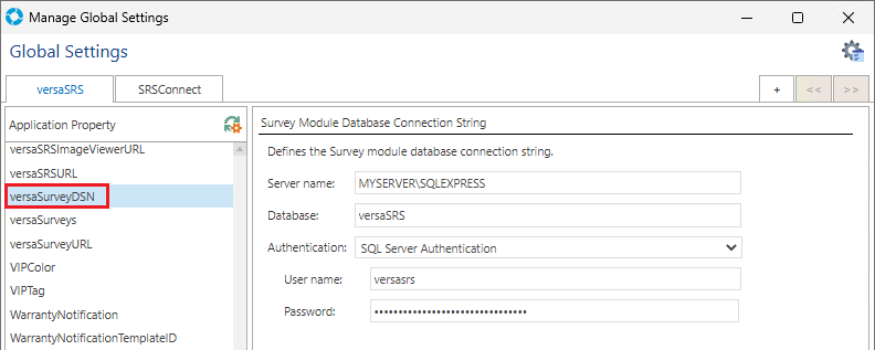 Global Settings versaSurveysDSN