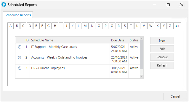 Manage Scheduled Reports window